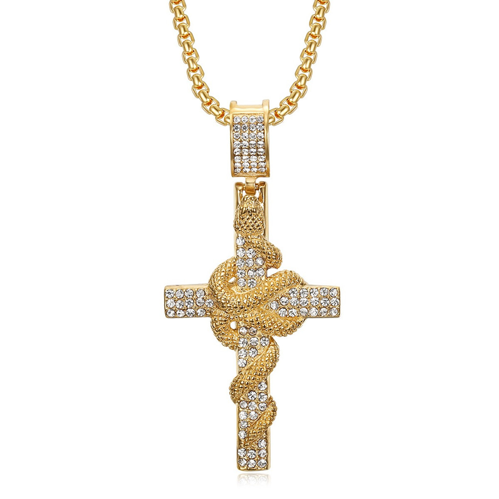 Men Accessories All - Snake Pattern Carved Stainless Steel Cross
